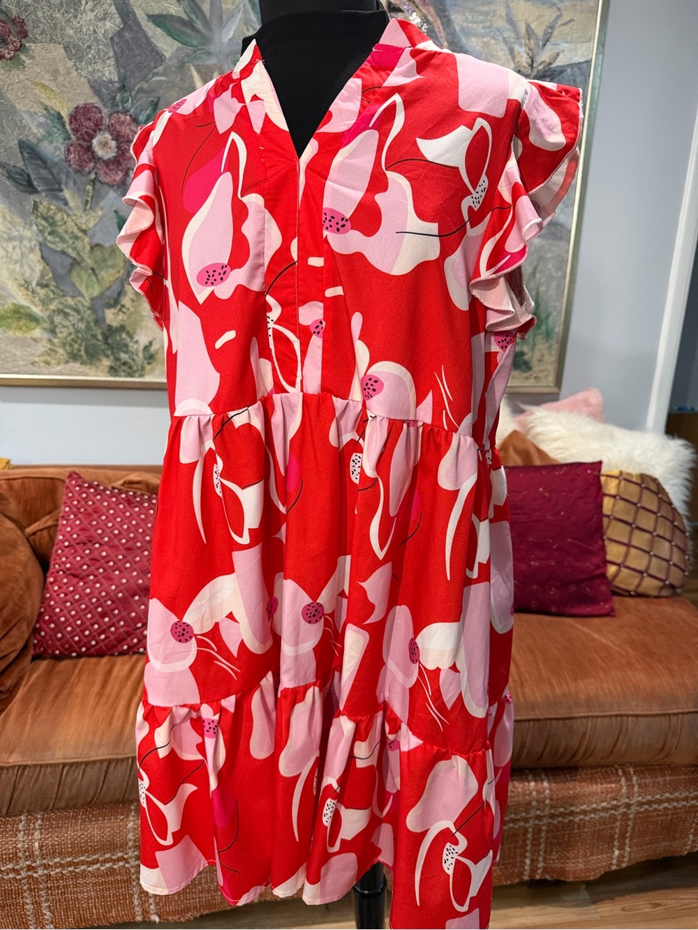 Red & Pink Floral Tiered V-Neck Dress